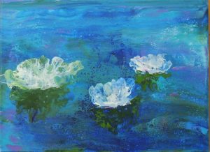 abstract painting of three lilies on the water