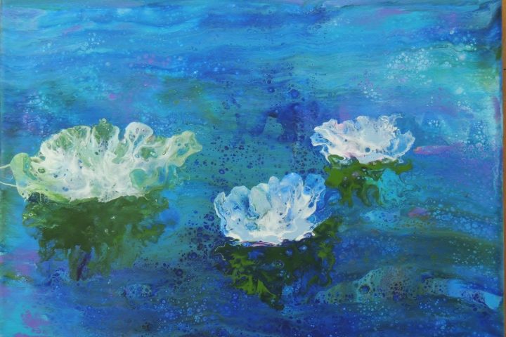 abstract painting of three lilies on the water